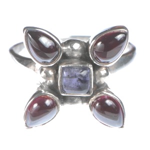 Iolite and Garnet 5 Stone Petal Ring (Size N)
